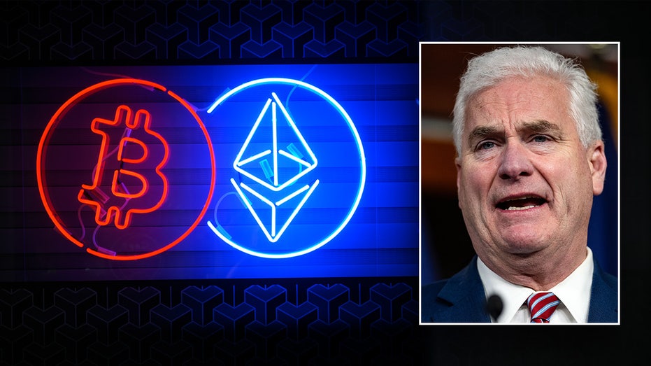 Tom Emmer, right inset; Bitcoin, ethereum logos in neon