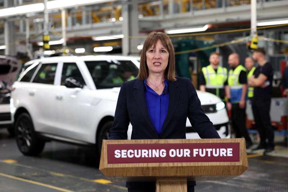 Rachel Reeves giving a speech at a Jaguar Land Rover factory.