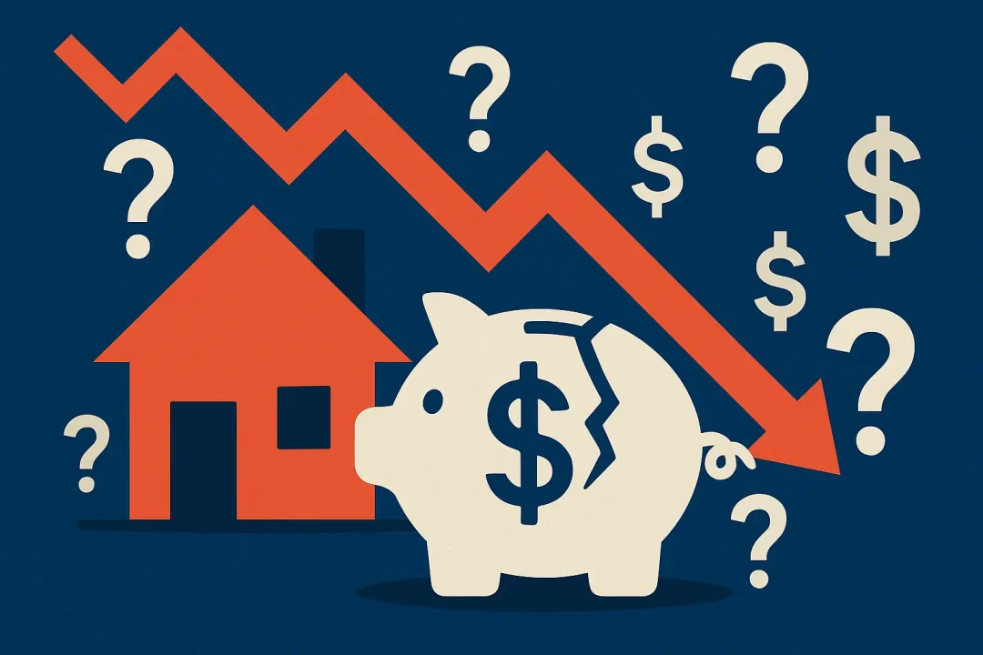 Cracked piggy bank and falling red arrow next to a house, symbolizing rising mortgage delinquencies and financial stress in the housing market.