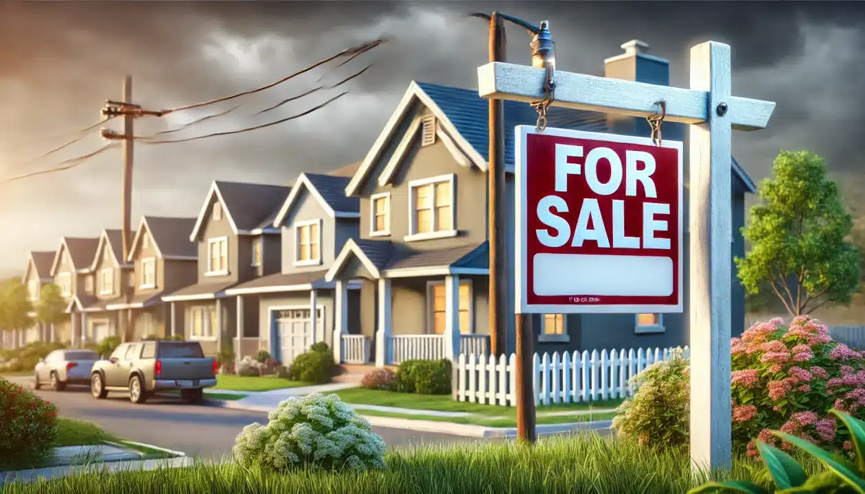 Suburban neighborhood with a 'For Sale' sign, symbolizing U.S. housing market challenges