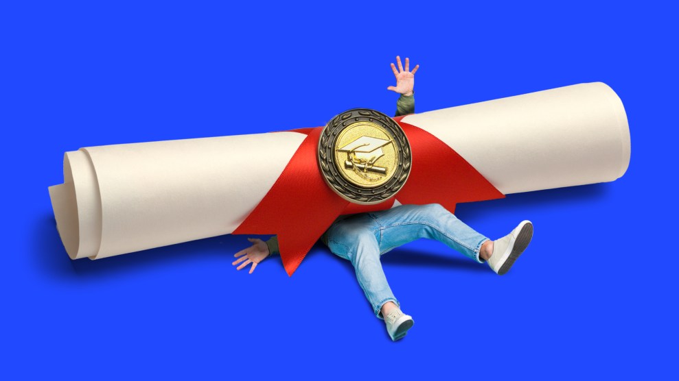 A large college diploma, rolled up, crushes a young man; he is seen flailing and reaching for help while pinned beneath it.