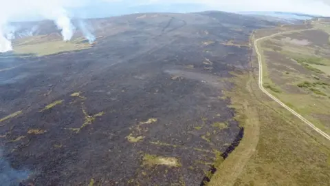 Alvie Estate A drone image showing a large area of burnt moorland with fires still smouldering