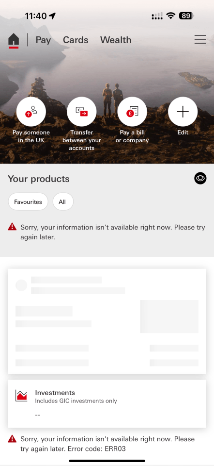 Screenshot of banking app showing error message.