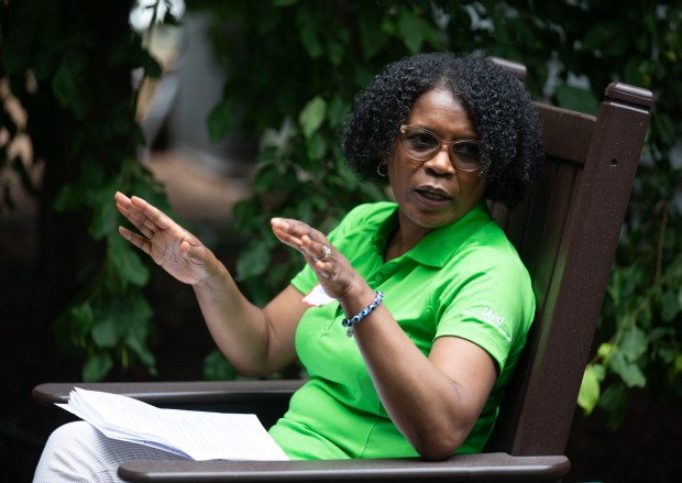 State Sen. Adriane Johnson speaks during a solar house tour in Buffalo Grove on July 20, 2024. (Talia Sprague/for the Pioneer Press)