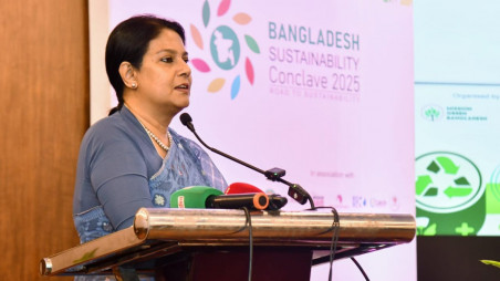 Environment Adviser Syeda Rizwana Hasan speaks at the Bangladesh Sustainability Conclave 2025 held at the Dhaka North City Corporation auditorium today, 30 August 2025. Photo: TBS