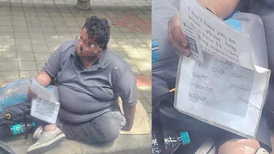 A Reddit post went viral after showing a Bengaluru man with banking background pleading for help on a footpath.(Reddit/Being-Brilliant) A Reddit post went viral after showing a Bengaluru man with banking background pleading for help on a footpath.(Reddit/Being-Brilliant)